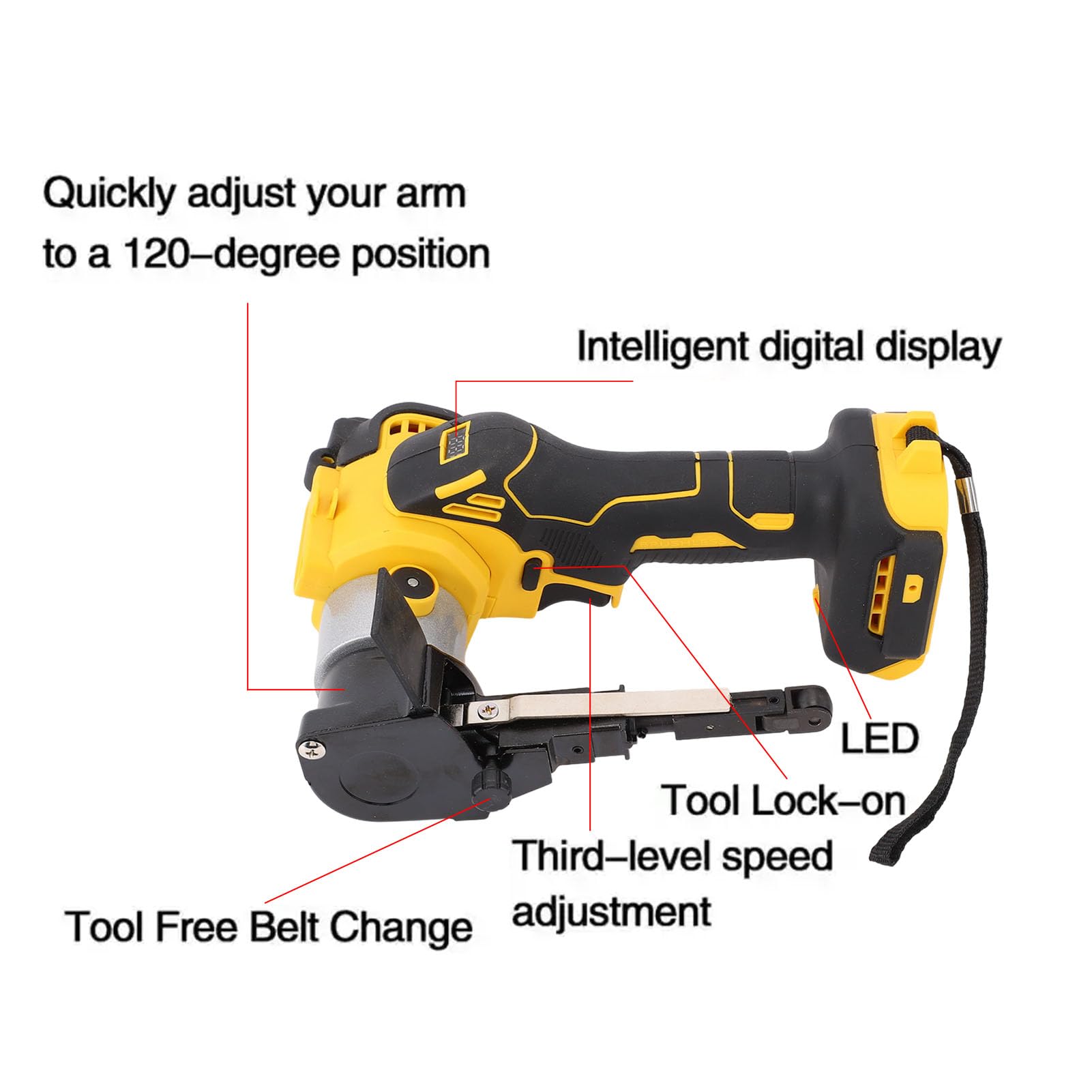 Fafeicy Levigatrice a Nastro a Batteria Motore Brushless con Braccio Regolabile a 360 Gradi Interruttore di Blocco velocità 1700 M/min per Lavorazione del Legno Saldatura di Mobili