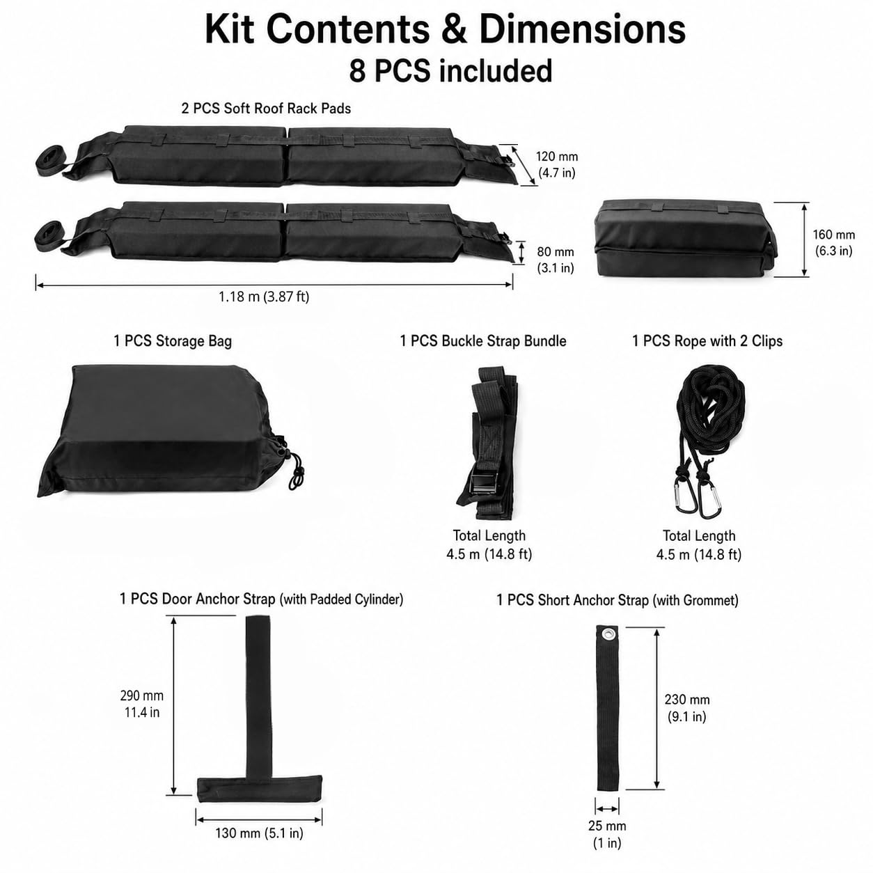 QWORK® Kit de Barres de Toit Souples avec Sangles, Porte-Bagages Pliable pour Kayak, Surf, Canoë, Snowboard et Paddle