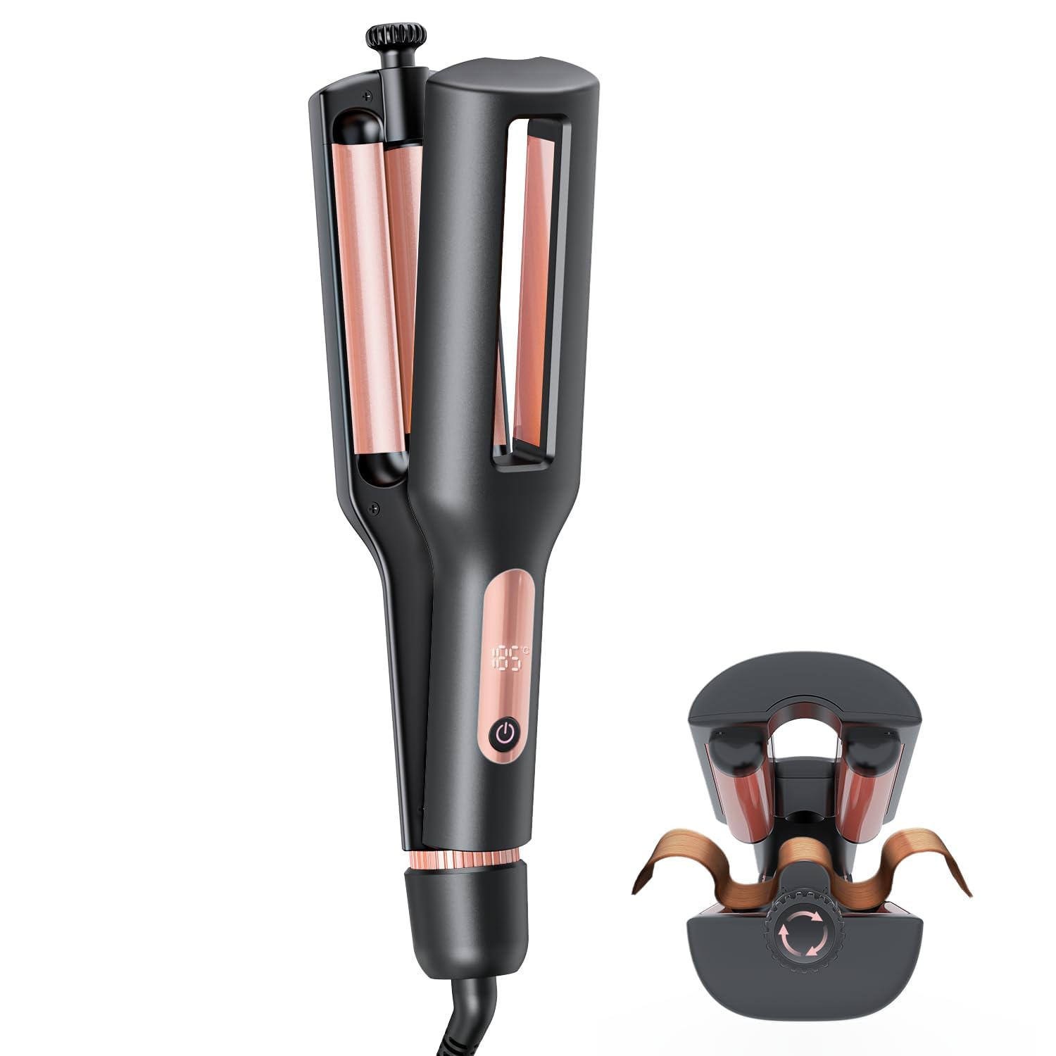22/25/32/38 mm ajustable rizador Wavy – 4 en 1 rizador de pelo con 3 cabezas, antiquemaduras, apto para principiantes, calor constante enfocado, pantalla digital, 4 temperaturas, oro rosa