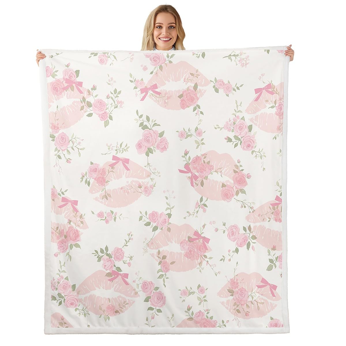 feelingyou Pink Lips Fleece Blanket,Princess Pink Bowknot Romantic Floral Throw Flannel Blanket for Room Decor,Watercolor Bow Valentine Roses Flowers Lightweight Blanket for Sofa Couch,Queen 90"x90" — image 1