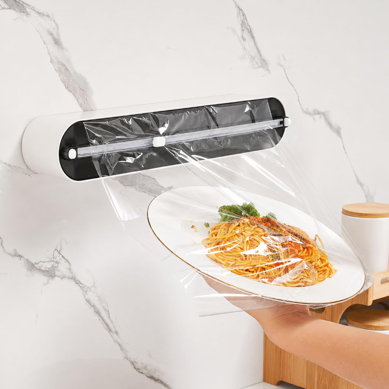 Plastic Wrap Organizer and Dispenser with Sliding Cutter | Cling Wrap Dispenser for Kitchen | Single Roll Foil and Food Wrap Cutter