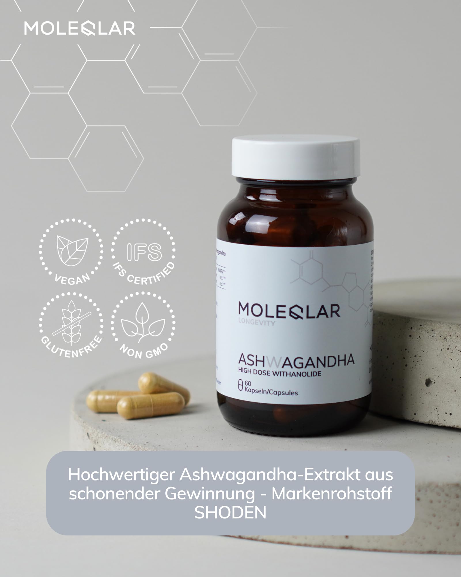MoleQlar Ashwagandha SHODEN 60 cápsulas - 300 mg, 35% withanolides, pureza y metales pesados controlados