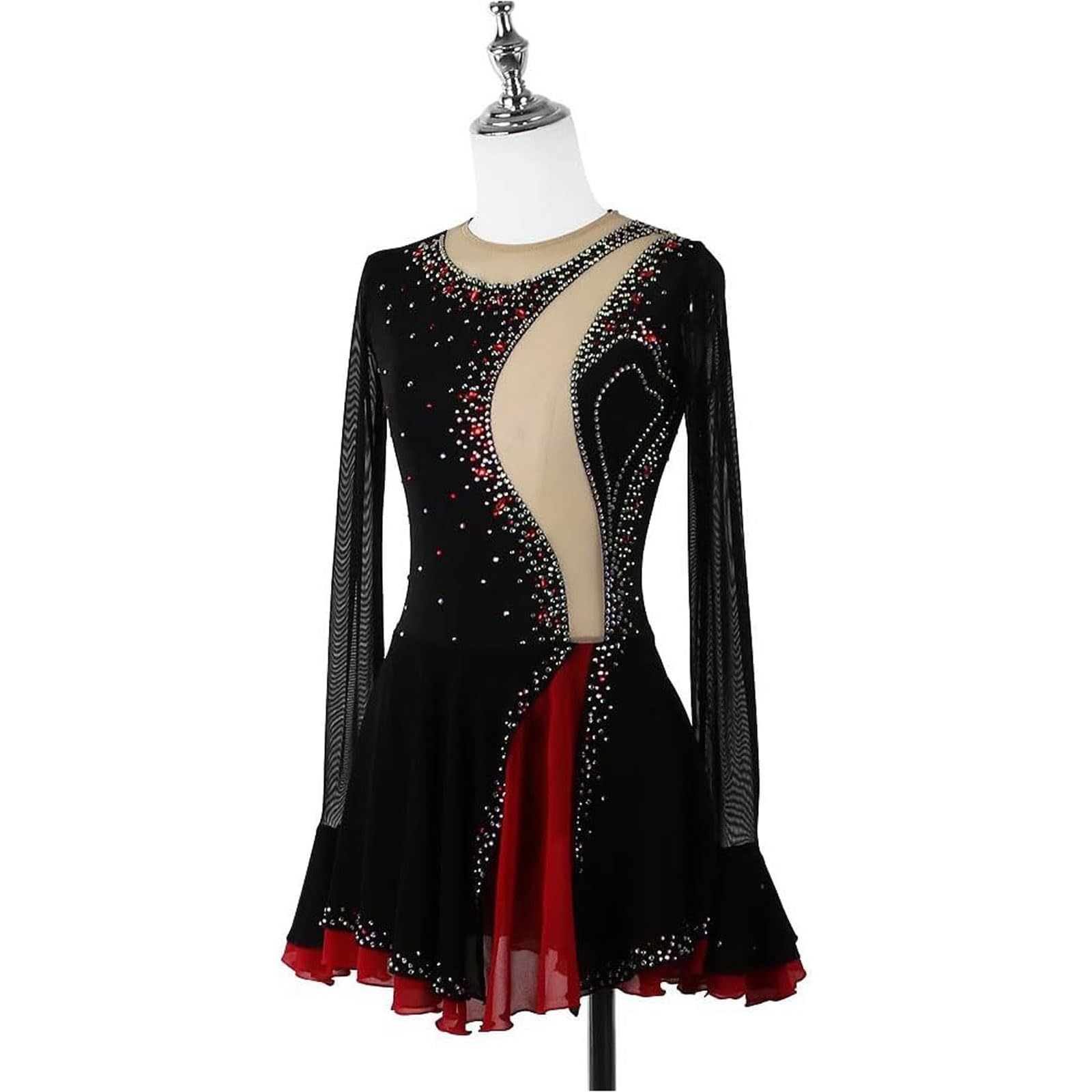 Eisfigur Skaten Kleider Langarm Rollschuhe Leistung Rock Damen Gymnastik Trikot Kleidung Ballett Tanzen Ausbildung Anzug mit Strasssteinen