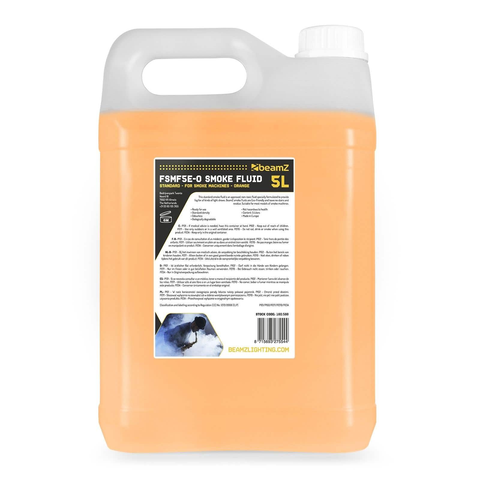 BeamZ - líquido de niebla, 5 litros, efecto CO2, niebla de densidad media, dispersión rápida, ECO, inodoro, biodegradable, apto para todas las máquinas de niebla beamZ, color del líquido naranja