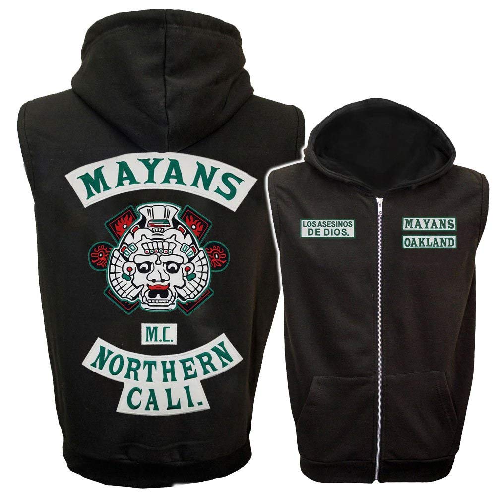Digital Pharaoh - Sons Of Anarchist SOA MAYANS Embroidered Anarchy SLEEVELESS Patch HOODIE (S-2XL) Fully Screen Accurate Patches!! Redwood Original Jax Teller (L) Black