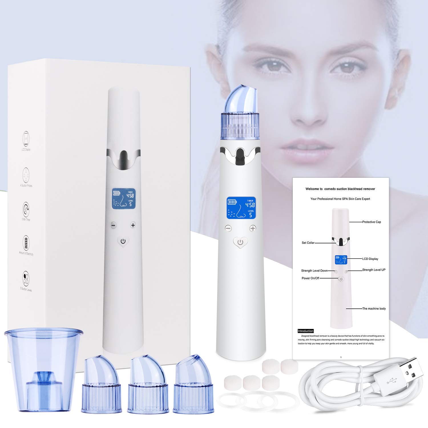 Vuoto di pori di rimozione di comedone con 4 testine di Ricambio - Detergente per Acne facciale con Timer - Strumento di rimozione Elettrico Comedo