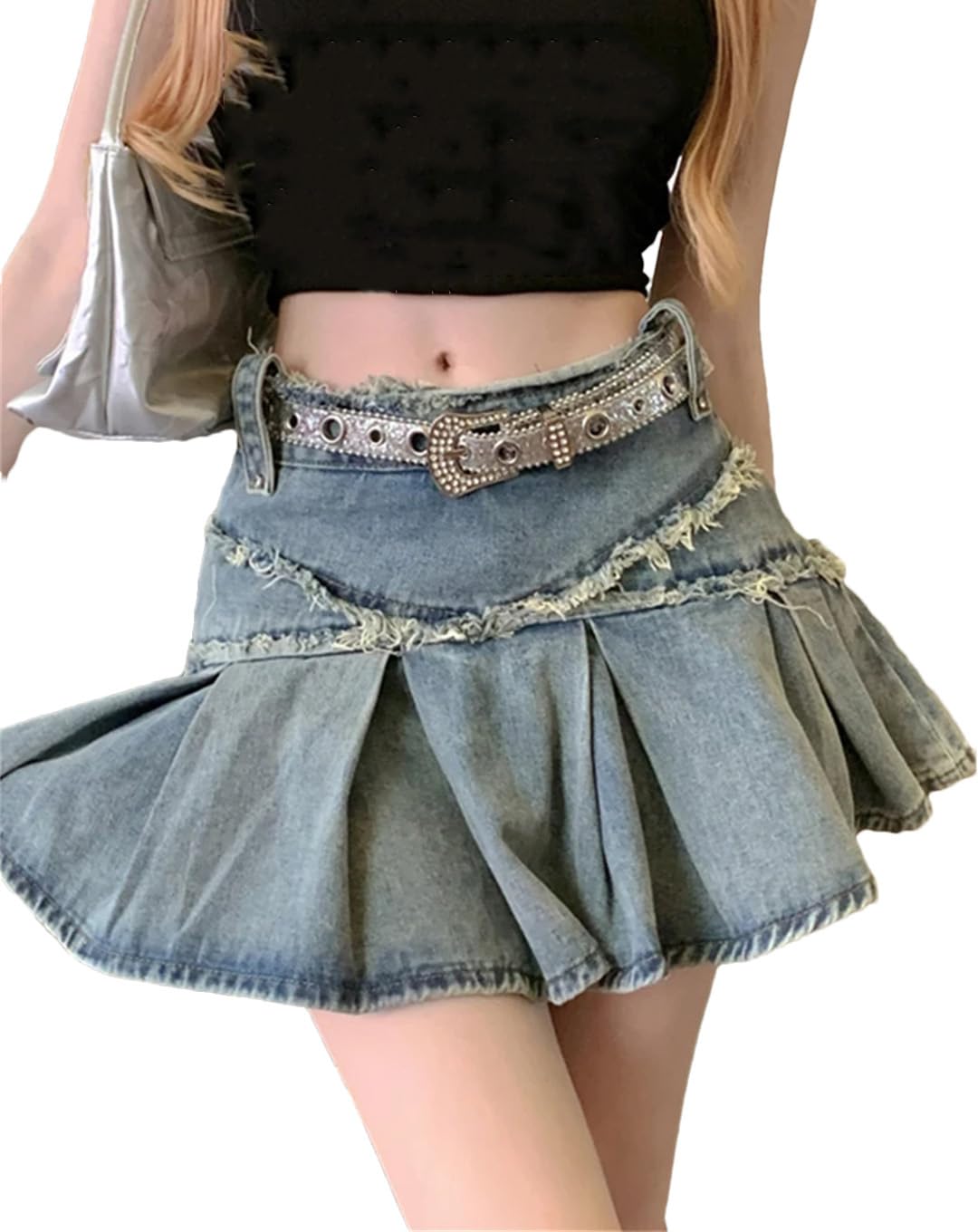 Gonna a pieghe in denim da donna con bordi grezzi - Vita alta - Cerniera