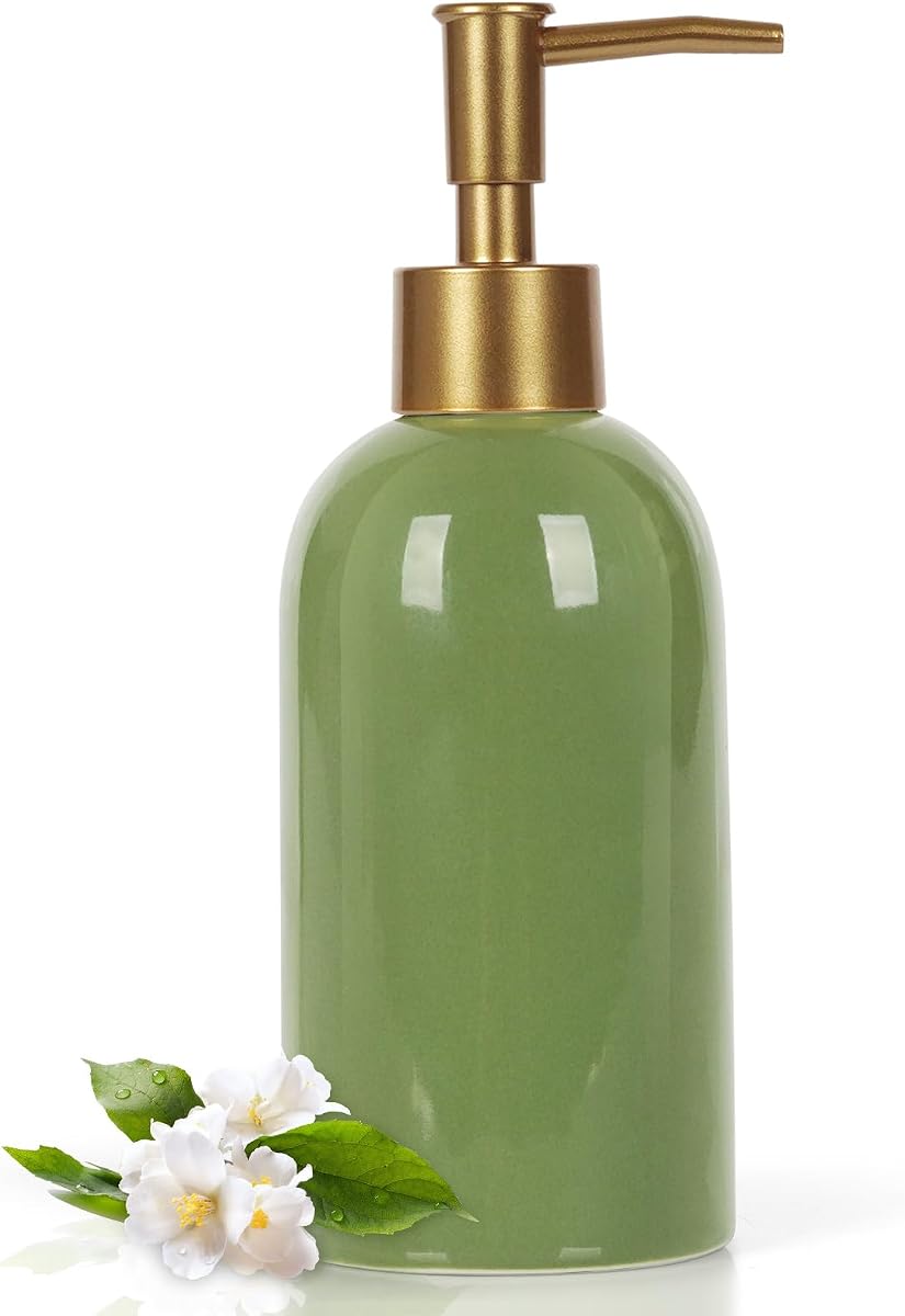 Dispensador de jabón para baño/cocina, jabón de manos/jabón para platos, 14 onzas | Botella dispensadora de bomba de jabón, dispensador de jabón de cerámica, champú/loción/líquido/detergente recargable para baño/cocina, verde