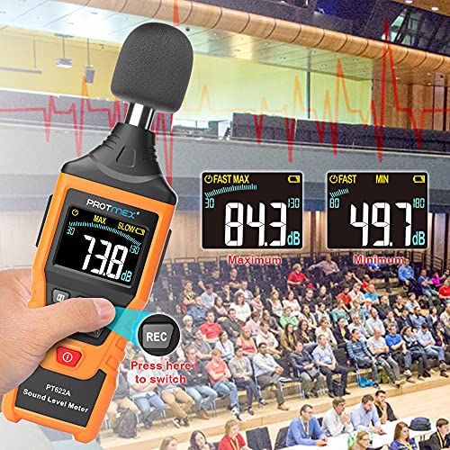 Image of Protmex PT622A Sound Level Meter, Digital Decibel Reader Measurement, Range 30-130 dB with Large LCD Screen Display, Accuracy 1.5dB Noise Meter, Fast and Slow Selection