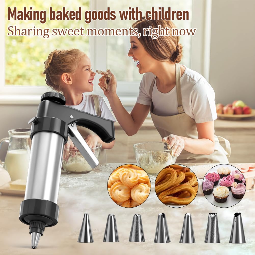RANJIMA Spara Biscotti Set per Pasticceria, Macchina Biscotti Manuale con 16 Stencil in Acciaio Inox, Pressa per Biscotti di Forma per Creare Biscotti di Zucchero, Churros e Pasta Frolla