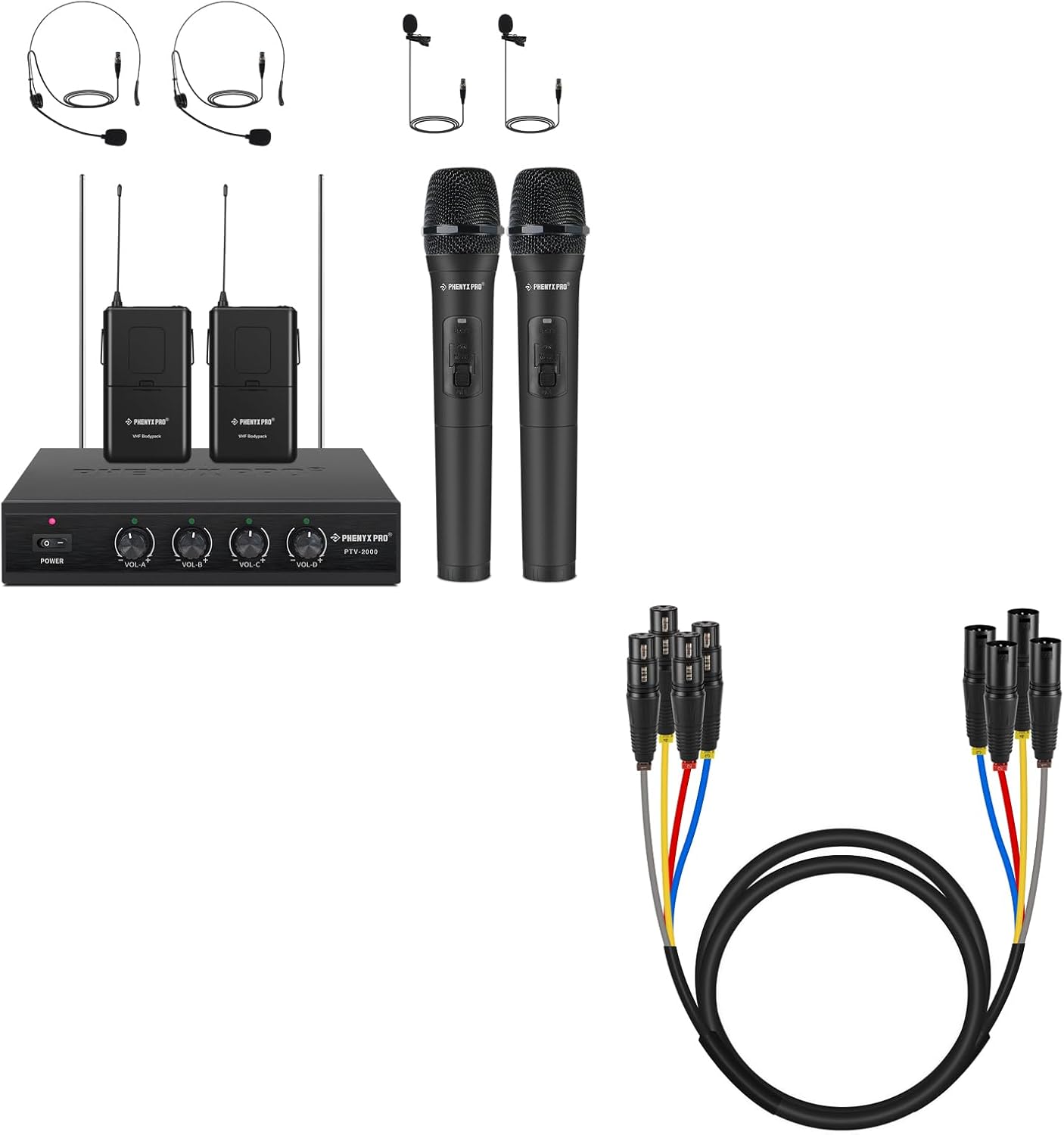 Phenyx Pro 4-Channel VHF Wireless Microphone Set PTV-2000B Bundle with 6Ft XLR Snake Cable PCBL-4IN1-6