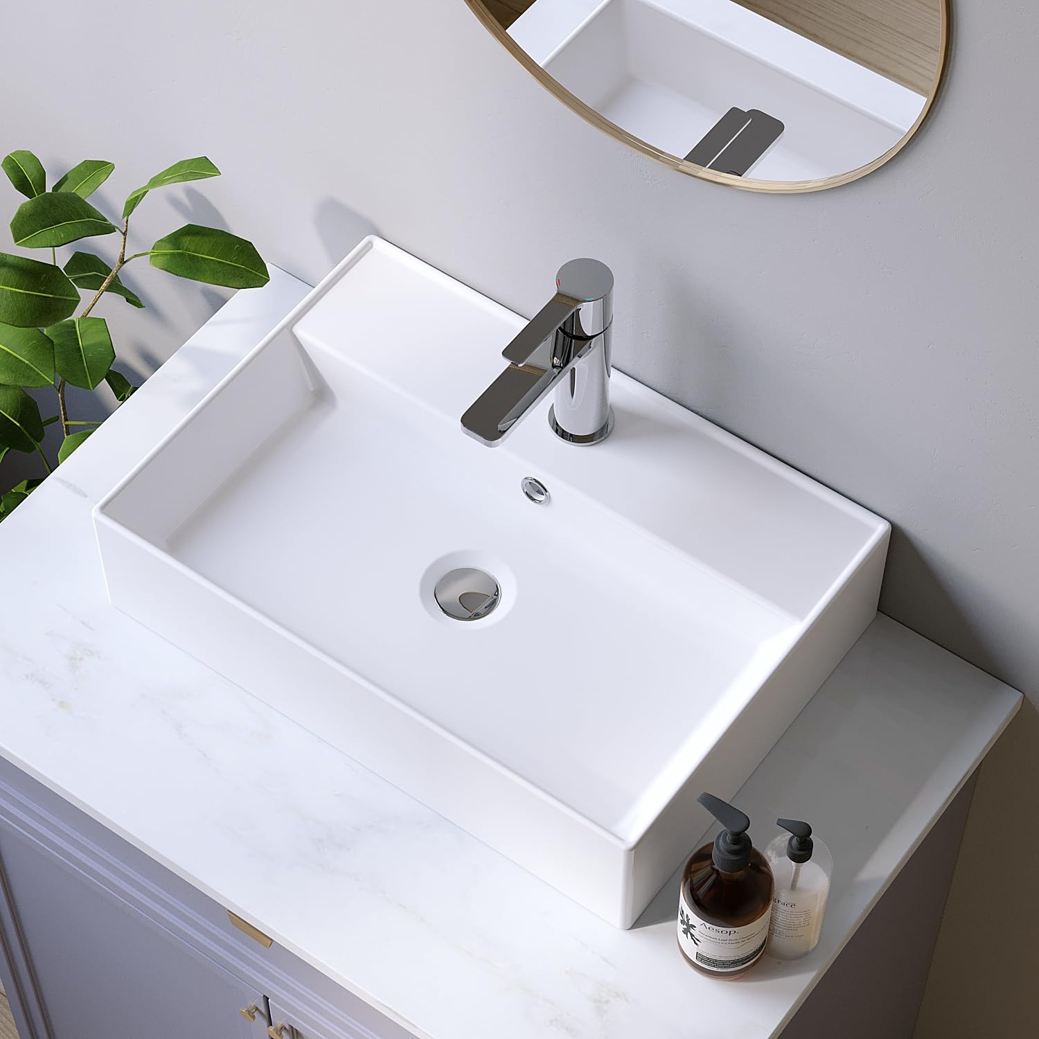 Lavabi in ceramica angolare 50 x 35 cm, lavabo a incasso per mobile da bagno, lavabo per bagno degli ospiti, sospeso, lavabo a parete, bianco, con foro per rubinetto, troppopieno, viti di fissaggio