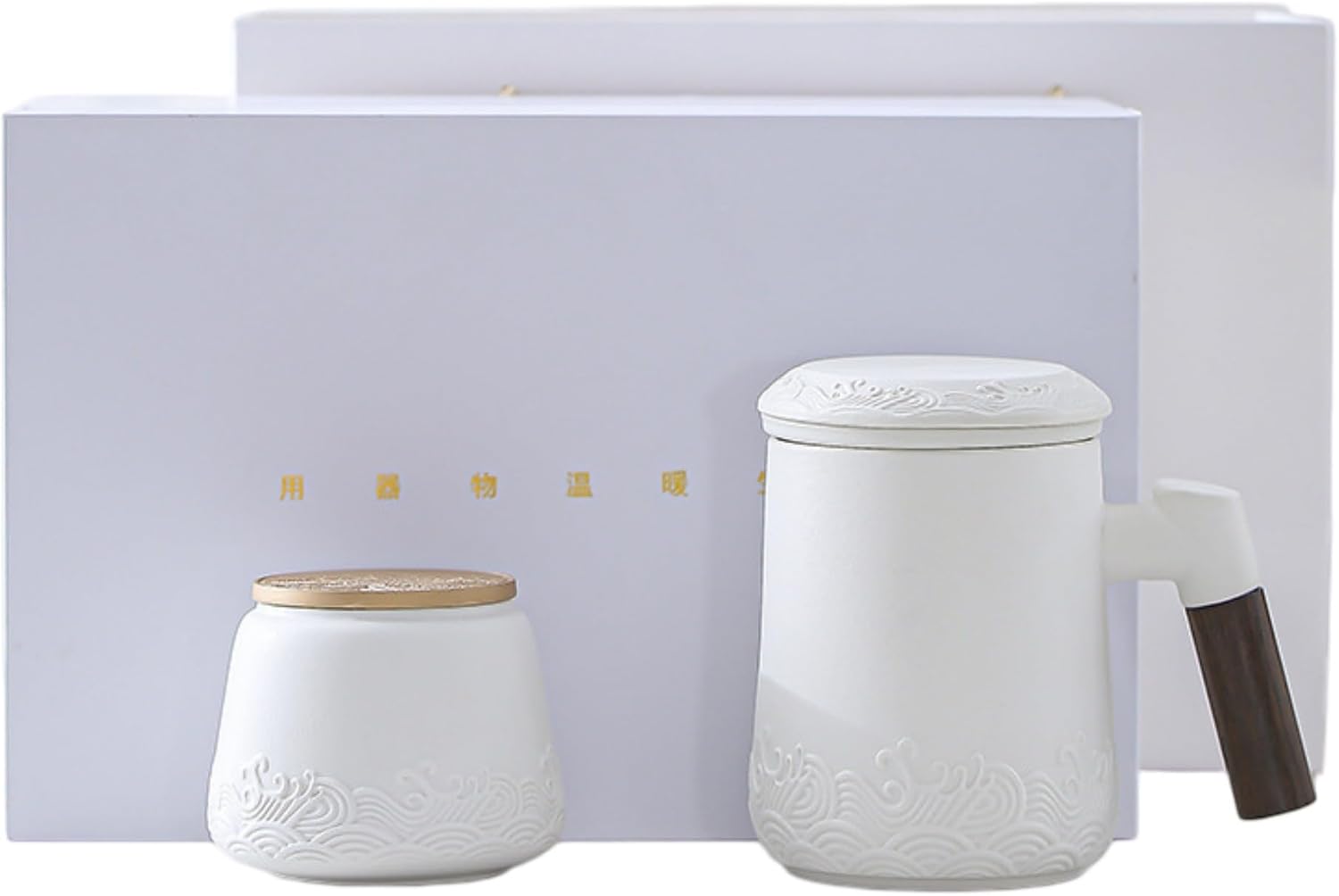 白色沧海办公杯+茶叶罐礼盒装-301-400ml Glass Tea Cup,Ceramic cup Set,Zi Sha Tea Cup,Ceramic Teapot,Purple Clay Tea 陶瓷办公杯茶水分离茶杯 Ceramic Coffee Mugs Set,Microwave & Dishwasher Safe,Gift for Man and Women