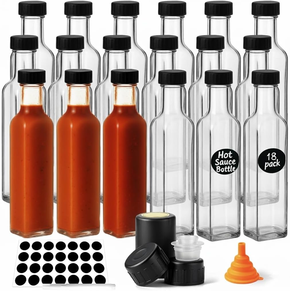WERTIOO 18-Pack 8.5oz Clear Glass Hot Sauce Bottles with Leakproof Caps - Square Containers for Homemade Sauces, Oils, BBQ & Gifting