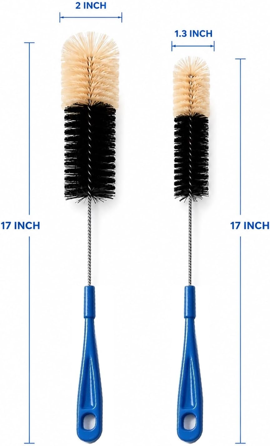 2 Pack 17 Inch Long Handle Bottle Brush, Narrow Neck Bottle Cleaner Brush with 2 Inch & 1.3 Inch Soft Nylon Bristles, for Water Bottles, Soda Bottles, Home Brewing, Kombucha, Spice Jars