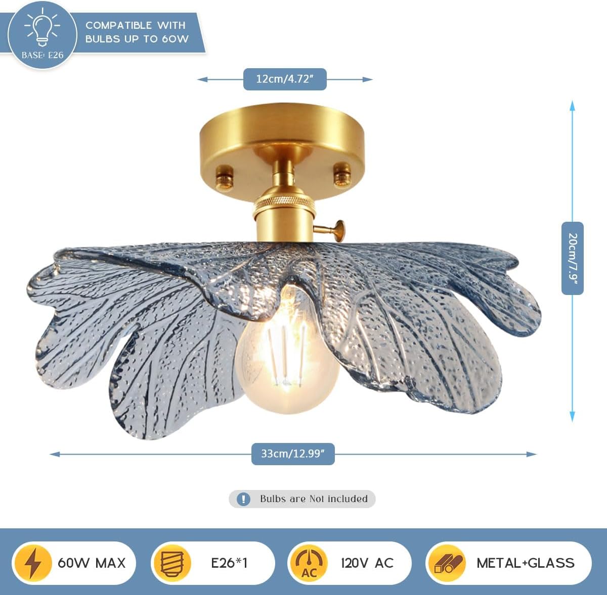 Glass Flush Mount Ceiling Light, Mid Century Modern Ceiling Light Fixtures with Blue Flower Shade Gold Brass Ceiling Lamp Vintage Semi Flush Mount Ceiling Light for Hallway Bedroom