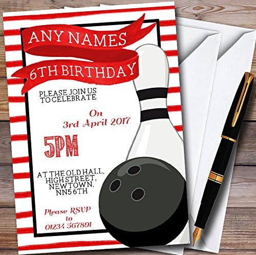 Red Stripe Bowling Ball & Pin Personalized Childrens Party Invitations