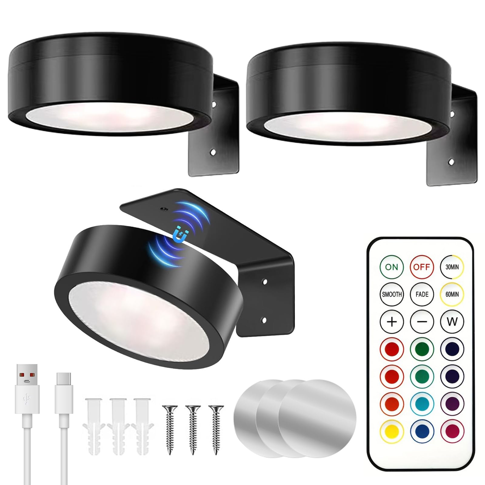 JIMACRO 3 Stück Magnetisches LED Malerei Licht, RGB Aufladbar LED Spot mit Fernbedienung, Lichter Schlafzimmer Wohnzimmer Bildbeleuchtung Leuchte, Vitrinenbeleuchtung Kabellos für Bilderrahmen Bilder