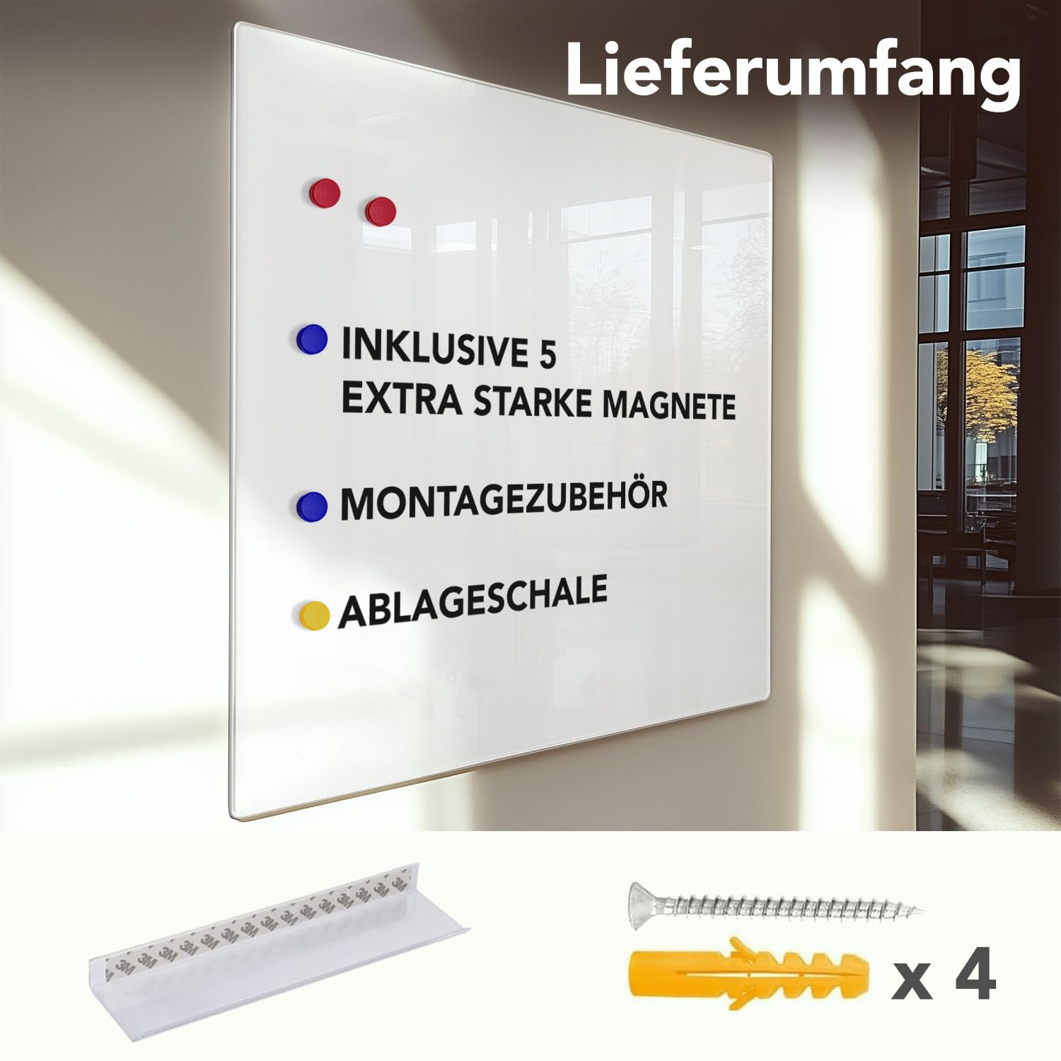 Master of Boards Premium Magnettafel aus Glas, Whiteboard Rahmenlos, Pinnwand magnetisch, Glastafel inkl. 5 Magnete, Magnetwand beschreibbar, Wandtafel, Memoboard (90 x 120 cm)
