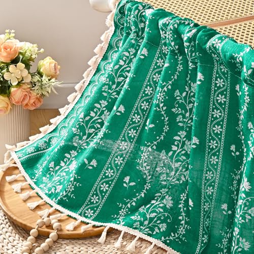 Image of Yinhua Boho Swag Valance Curtains Vintage Linen Valances for Windows Light Filtering Floral Kitchen Valance Rod Pocket Farmhouse Rustic Tassel Window Valances for Bathroom Cafe, 60 inch W x 36 inch L, Teal