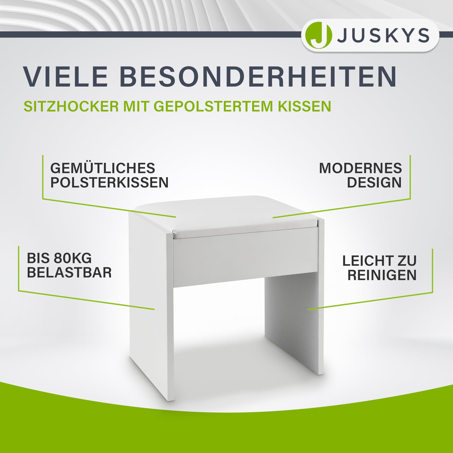 Juskys Schminktisch Hocker Melly, Sitzhocker aus Holz mit gepolstertem Kissen & Bezug aus Kunstleder, moderner Polsterhocker 40 x 30 x 43 cm in Weiß