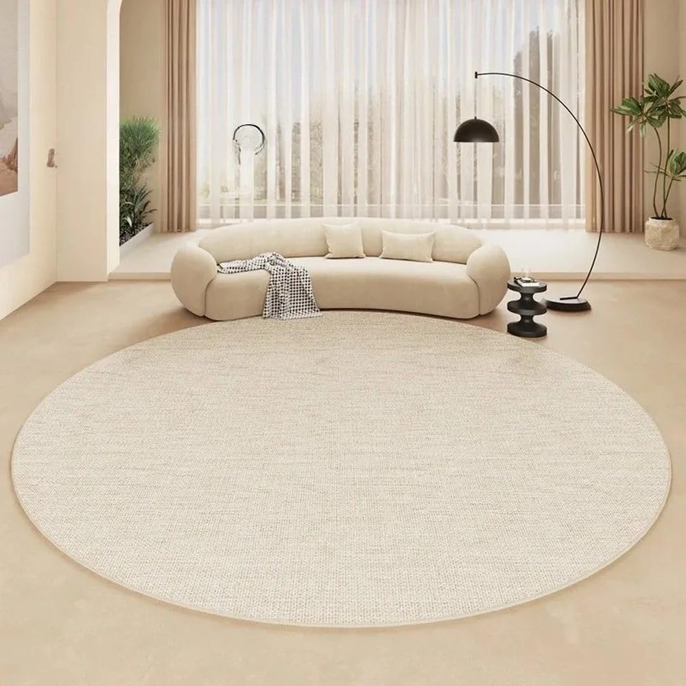 Tapis de salon crème beige rond 200cm pour grande chambre et table basse moderne