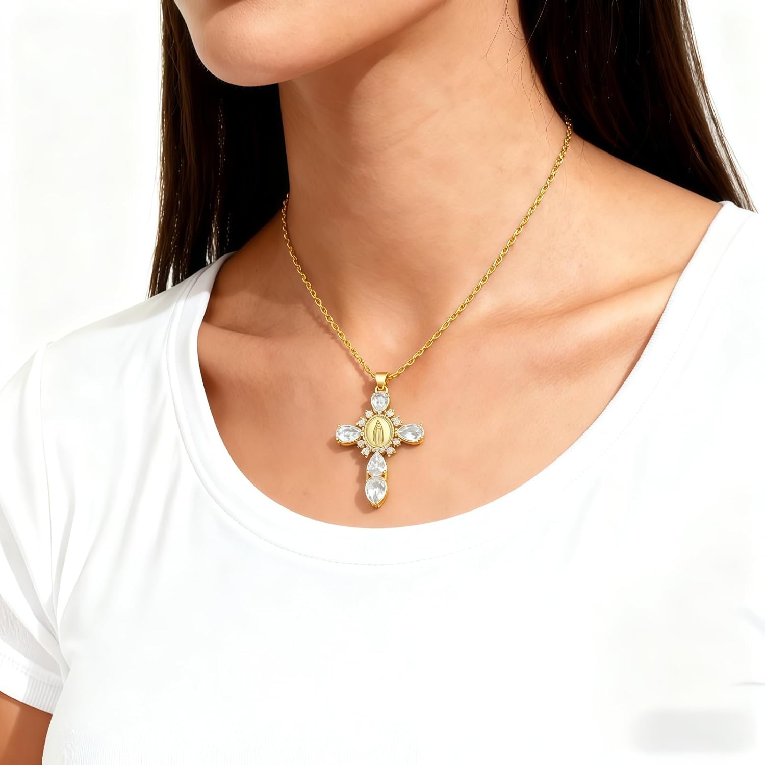 WETMT 18K Gold Plated Cross Necklace for Men Women Dainty Chunky Big Crystal Zircon Virgin Mary Pendant Necklace Faith Cross Necklaces Choker Jewelry Gift - Image 2
