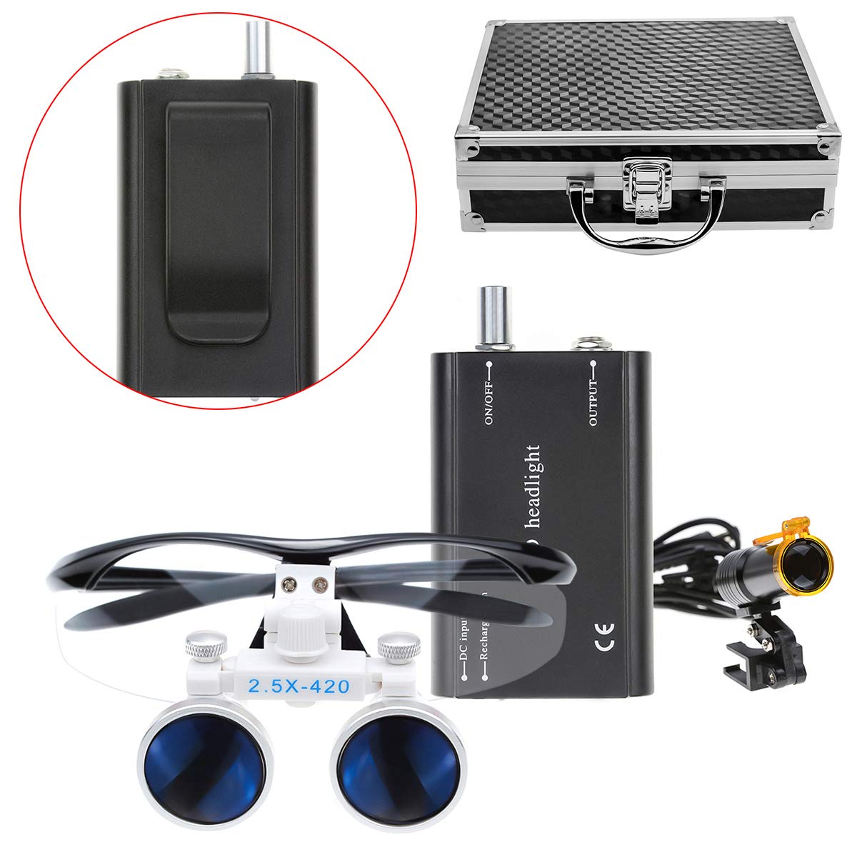 2.5X Binocular Loupes 420mm Optical Glasses +5W LED Headlight Lamp with Filter + Aluminum Box DY-008 (Black)