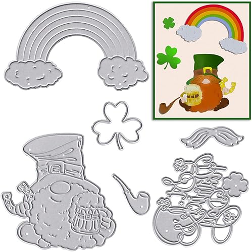Troqueles de corte de trébol del día de San Patricio para hacer tarjetas, palabras de trébol, troqueles de gnomos arco iris, plantilla de relieve
