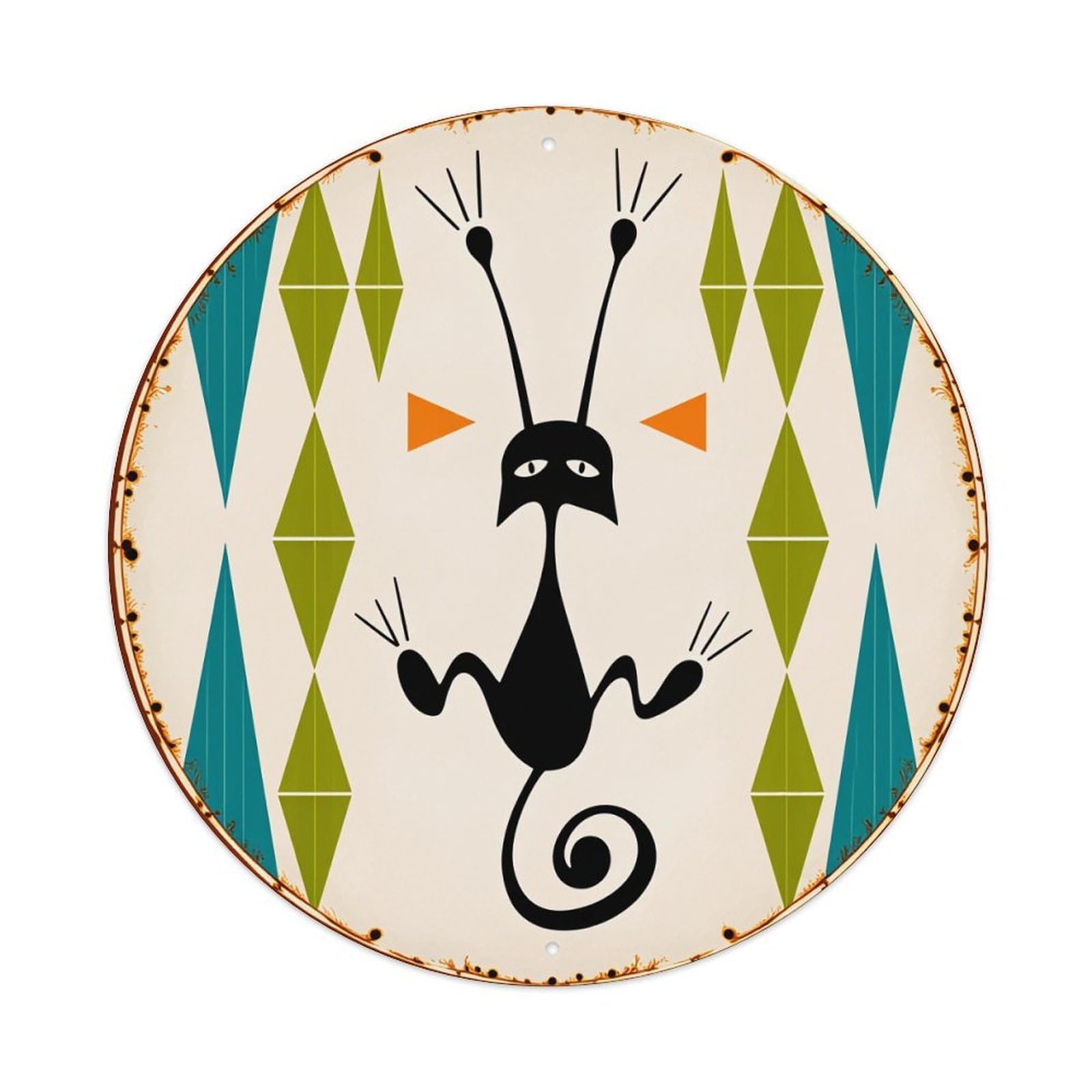 Geometric Cat Pattern Design Art Round Tin Sign Vintage Style Metal Sign Home Bar Garden Wall Plaque Decor Metal Poster 8x8 Inch