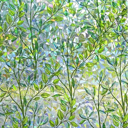 Privacy Window Film Stained Glass Window Stickers Rainbow Green Leaves Glass Door Film Non-Adhesive Static Window Sticker for Door Home Office Decorative