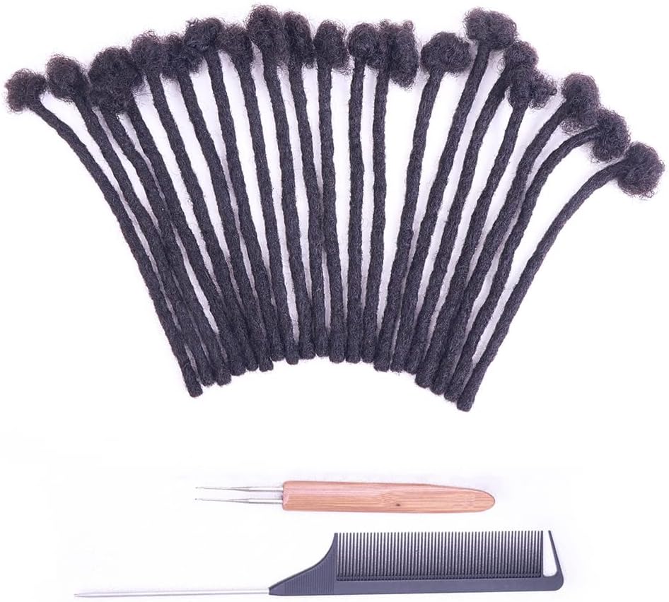 ADIASAI 0.6cm Width 4 Inch 30 Strands 100% Human Hair Loc Extensions, Full Handmade Dreadlock Extensions for Men Women Kids Can Be Dyed and Bleached with Needle and Comb 100% Unprocessed Natural Black