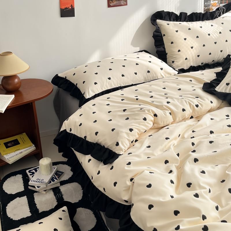 INFLAG Ruffle Duvet Cover 100% Washed Cotton Vintage Bow Duvet Cover with Zipper Ties, Soft Farmhouse Flower Bedding Set (01,Full/Queen 80