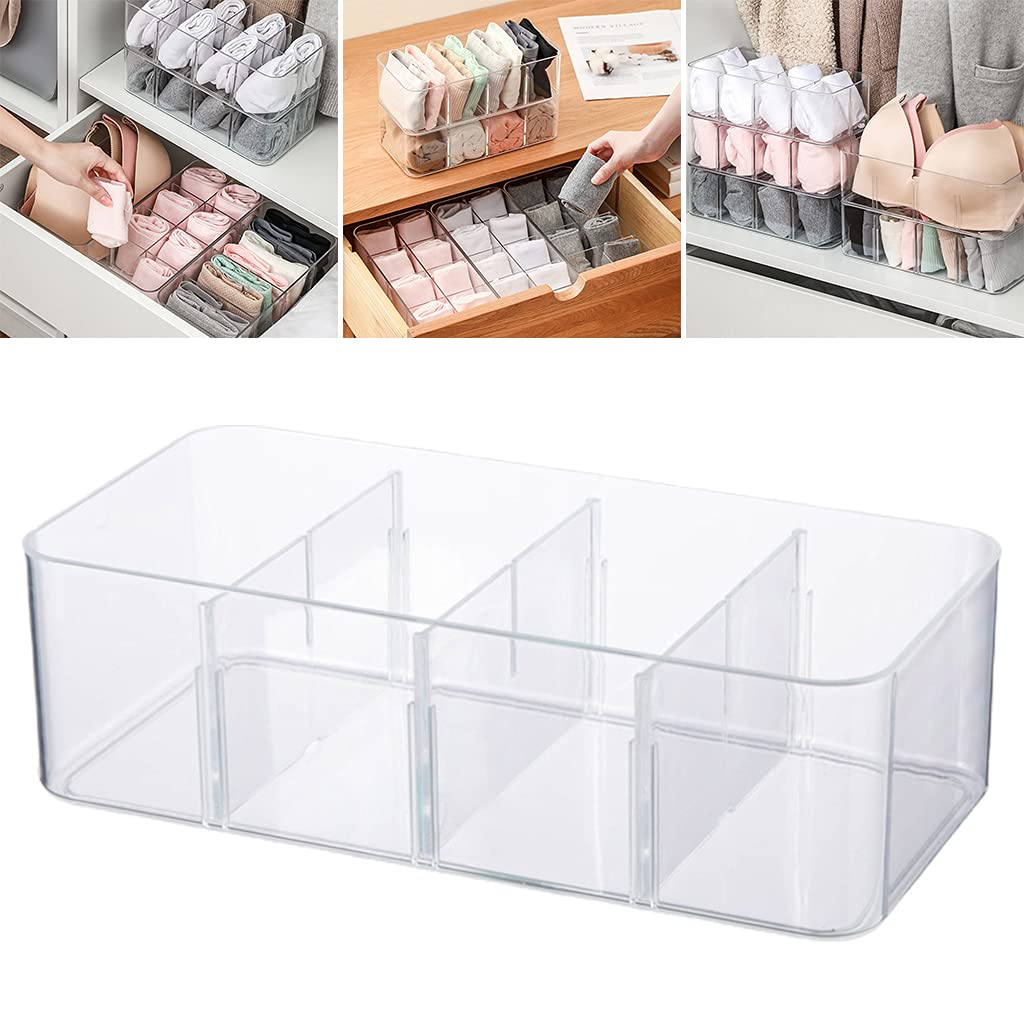 PLCPDM Transparent Acrylic Underwear Drawer Organizer Box 4/8 Grids Compartment Divided Closet Storage Bin Stackable Shelf for Socks Bras Ties Acrylic Underwear Drawer Organizer