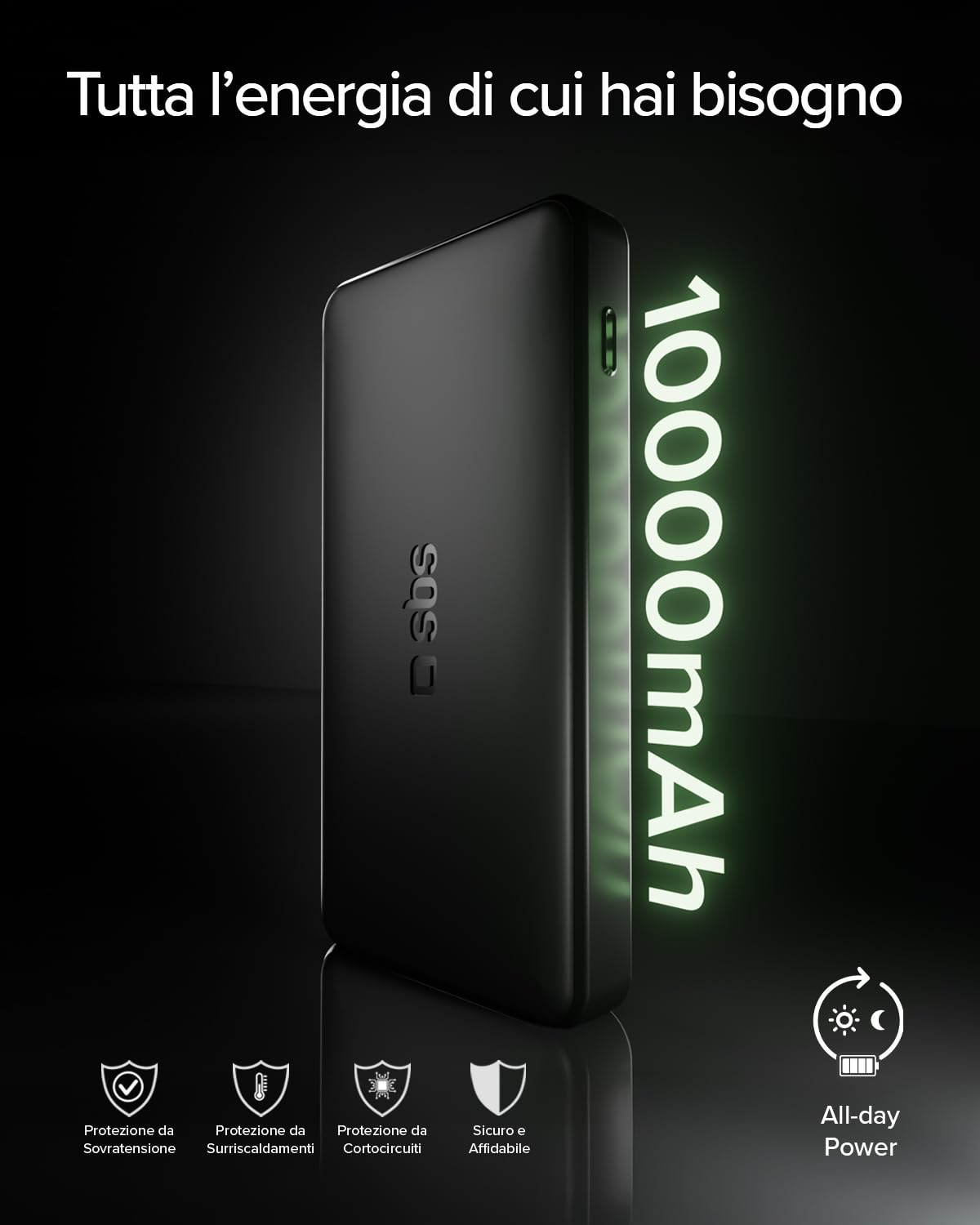 SBS PowerBank 10K FAST, 10000mAh, 22.5W Power Delivery (PD 3.0 PPS) | Power Bank con Ricarica Rapida, LED di Carica, USB-C, USB-A, Caricabatterie Portatile da Viaggio, Design Compatto, Nero