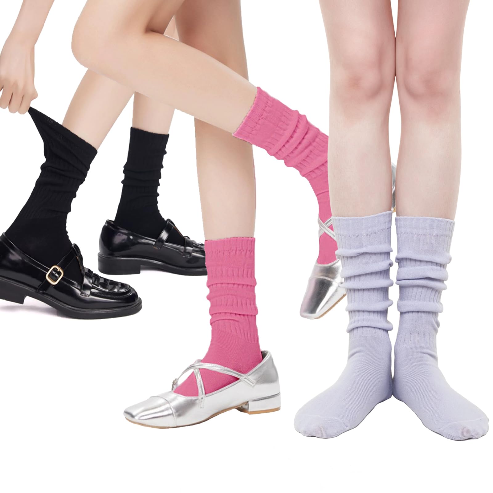 Calcetines a rayas hasta la rodilla para mujer, 4 pares, negro+azul+blanco+rosa, talla única