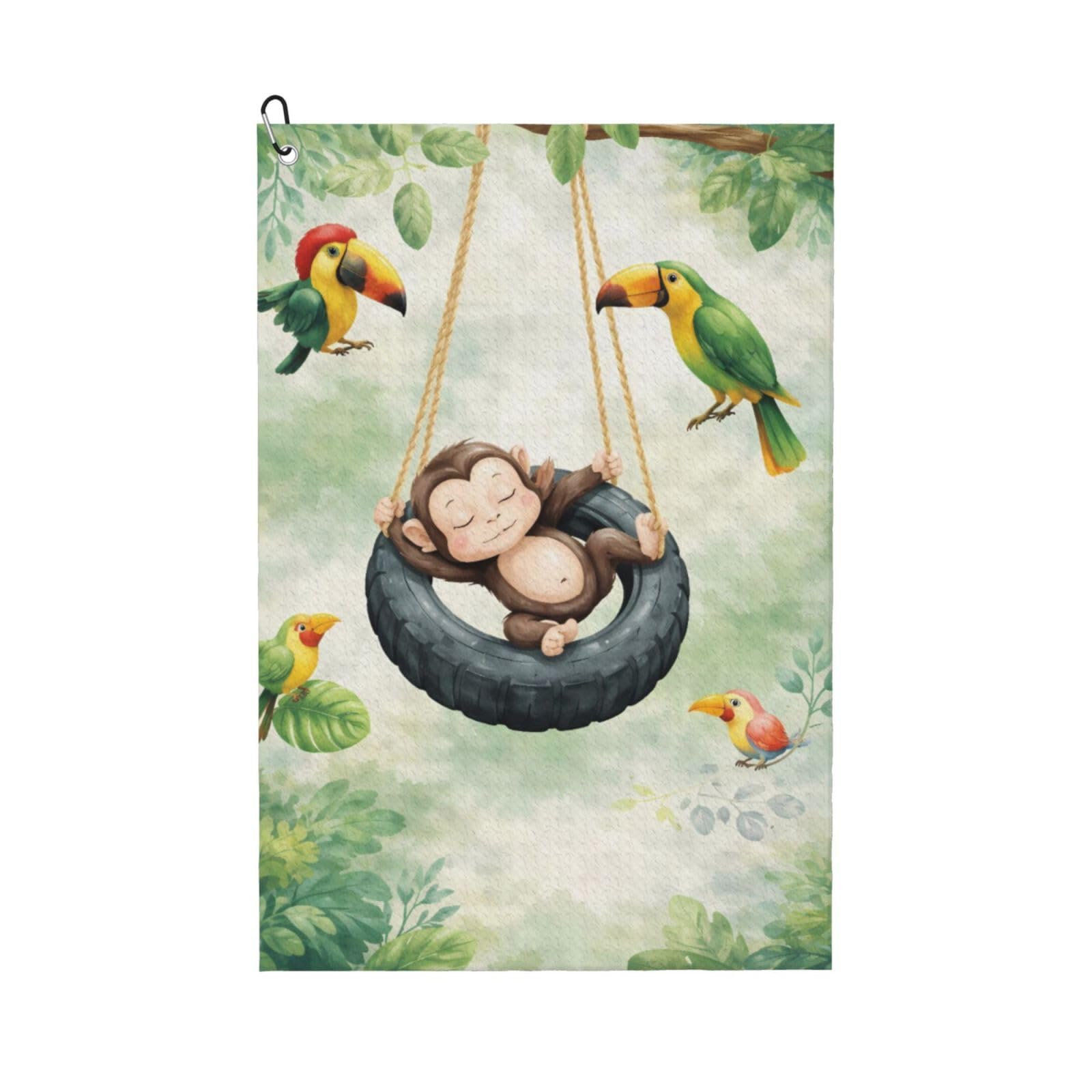 Oudrspo Playful Little Monkey & Birds Multi-Functional Golf Towel | Absorbent Quick Drying 16x24in