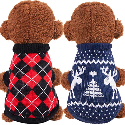 Geyoga 2 Pieces Christmas Puppy Sweater Knitwear Dog Sweaters Cute Reindeer Clothes Knitted Turtleneck Windproof Small Dog Coat for Winter Cold Weather (Small)