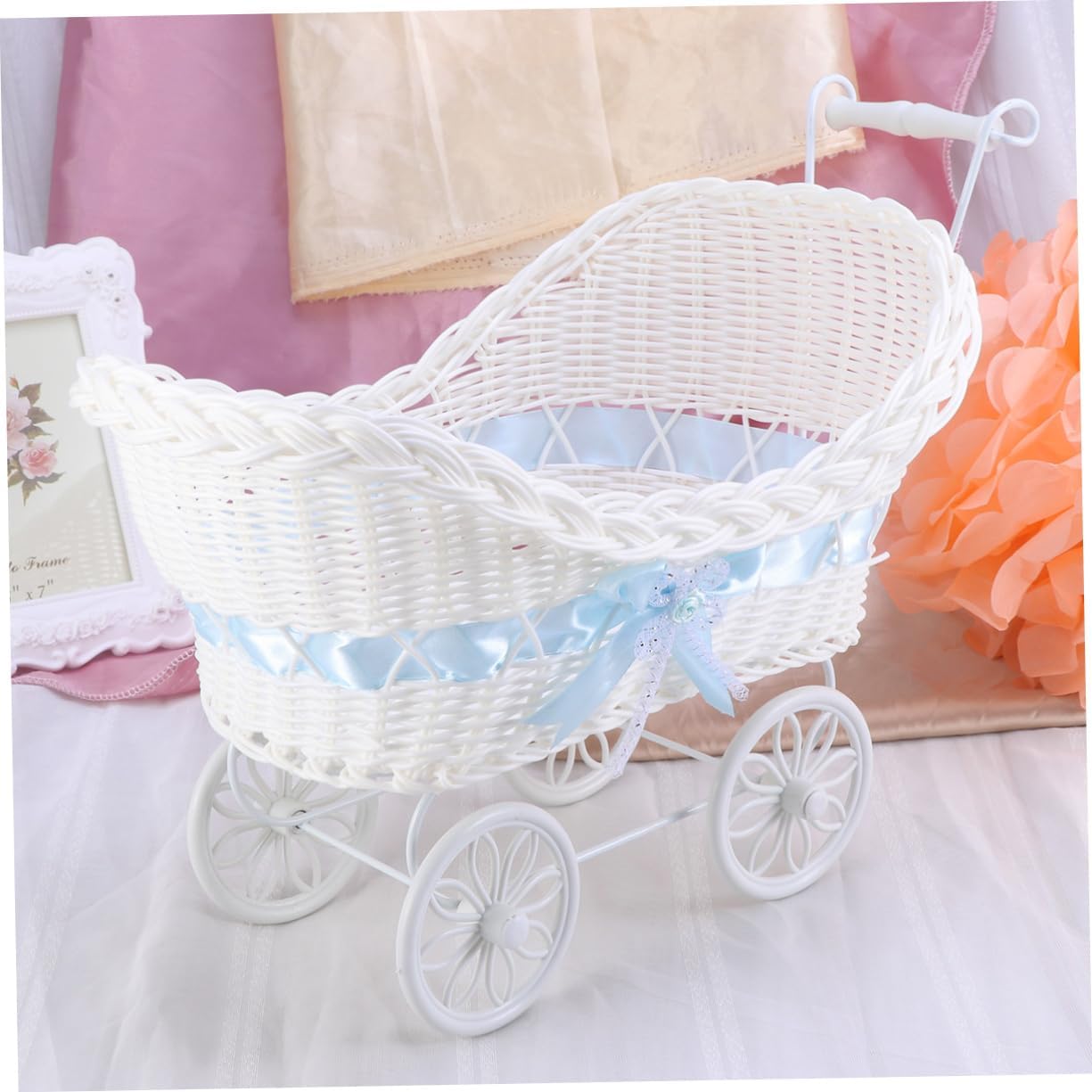 Wakauto Knitted Cane Tricycle Ornament Blue Rattan Flower Basket Decorative Mini Carriage for Wedding Shower Party Birthday Home Decor