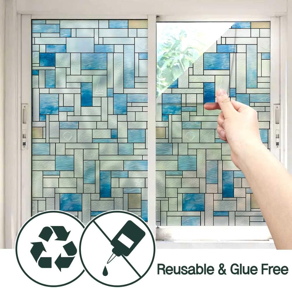UNI Window Film Static Clings Non Adhesive 3D Stained Glass Window Decals UV Protection (Blue Beach, 37.4 x 24.4 Inch)