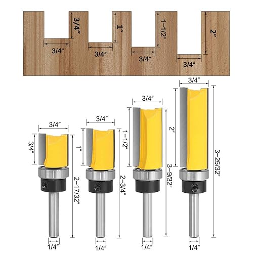 Miniatura 3 de Yakamoz Juego de 4 brocas para fresadora con patrón de vástago de 14 de pulgada, guía de rodamientos, brocas rectas para carpintería, diámetro de