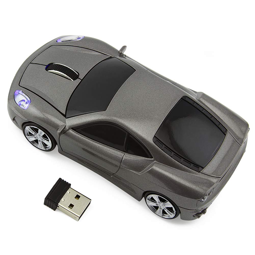 FIRSTMEMORY - Ratón óptico inalámbrico para coche, 2,4 G, con forma de coche de carreras, 1600 DPI, para computadora, PC, portátil, escritorio (gris)
