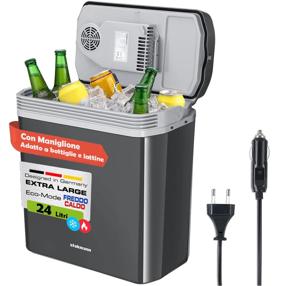 Frigorifero Elettrico Portatile per Auto da 24 Litri, Mini Frigo con Manico Ergonomico, Spina da 230V e 12V, Modalità Freddo e Caldo (Grigio)