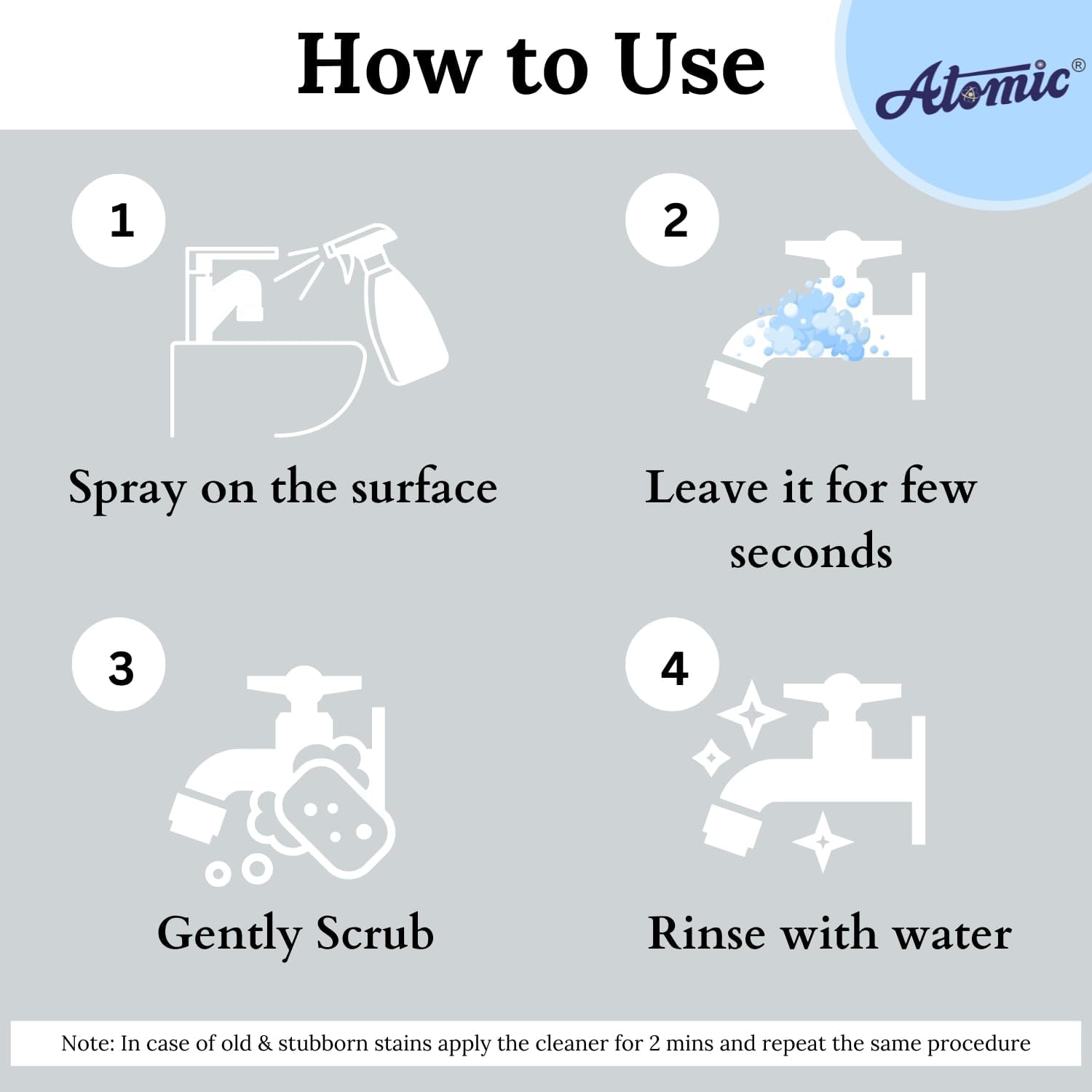 Atomic Tap Cleaner for Bathroom & Kitchen Fittings | Taps | Sinks | Showers Remove Limescale Stains | Hard Water Scaling and Soap Scum (250 ml Bottle)