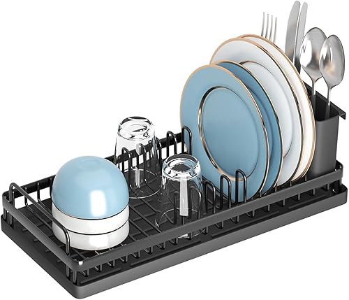 CHLORYARD Escurridor de platos pequeño, estante compacto para fregadero con alfombrillas de secado de silicona, escurridor de platos, organizador de