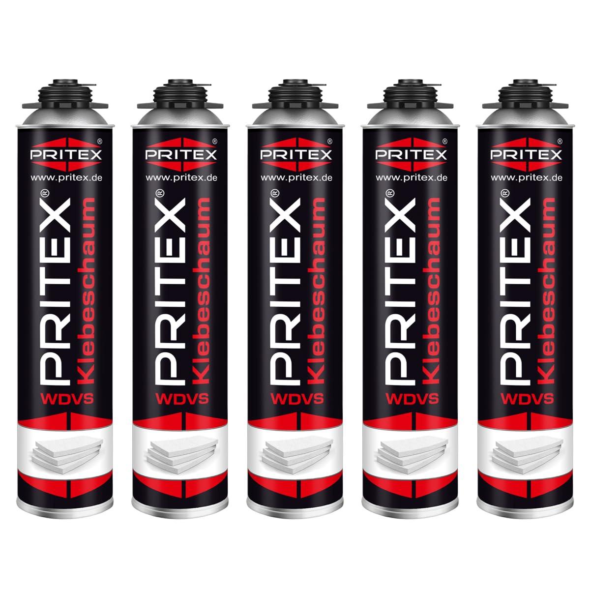 PRITEX – WDVS Klebeschaum 5 x 750 ml zum Isolieren, Fixieren & Befestigen – Dämmstoffkleber mit sehr guter Haftung, niedrigem Aushärtedruck & geringer Nachdehnung – Bauschaum für Montagepistole