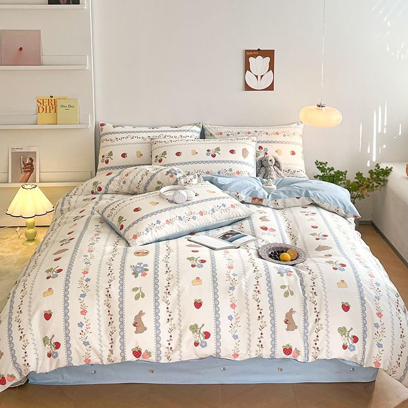 HAVOP 100% Cotton Duvet Cover Double Size Strawberry Floral Bedding Blue — image 1