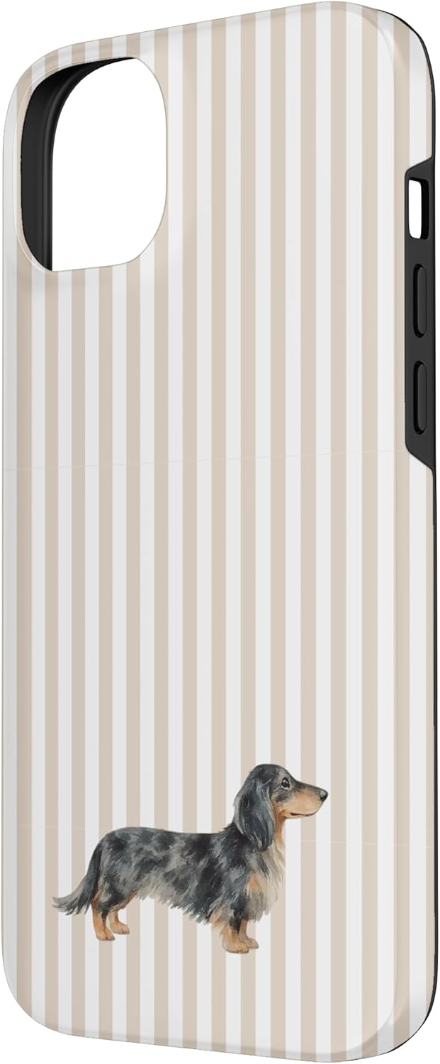 Black & Cream Long-Haired Dapple Dachshund in Tan Case for iPhone 14 Plus