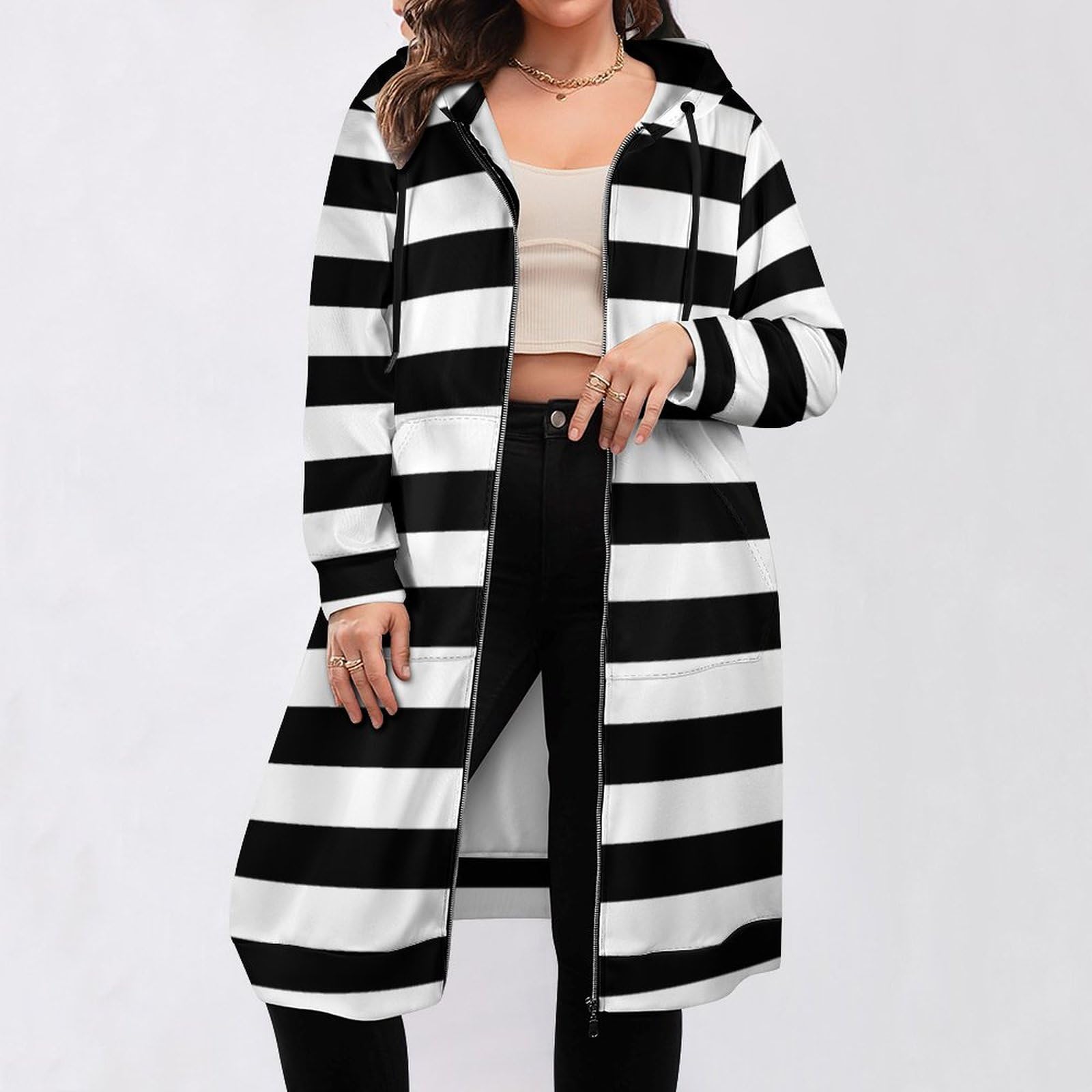 Felpa Donna con Zip Felpe Sportiva con Tasche E Cappuccio Motivo A Strisce Orizzontali Morbida Invernale Giacca Regolabile Confortevole per Uso Quotidiano Casual