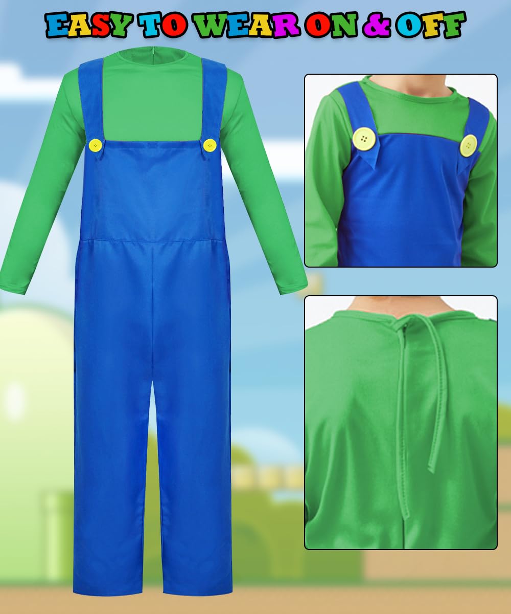 YYDSXK Super Bros Costume Bambino Adulto, Costumi Carnevale, Costumi Cosplay Classico Super Bros per Ragazzo con Cappello, Guanti per Bambino Compleanno Natale Halloween Carnevale Cosplay Vestito